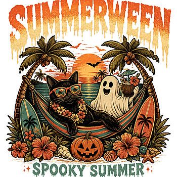 A vintage distressed design featuring a cool cat in a hammock and a ghost with a coconut drink on a tropical beach, perfectly captured in this summerween spooky summer png.