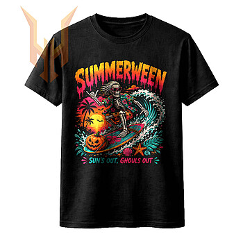 Catch the ultimate spooky wave with this vibrant retro graphic featuring a surfing skeleton, perfect for your summerween suns out ghouls out png apparel projects.