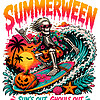 Catch the ultimate spooky wave with this vibrant retro graphic featuring a surfing skeleton, perfect for your summerween suns out ghouls out png apparel projects.