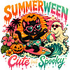 A vibrant, retro-styled design of a summerween surfing cat png featuring a cool black cat, a beach ghost, a tropical pumpkin, and the phrase Cute but Spooky.