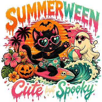 A vibrant, retro-styled design of a summerween surfing cat png featuring a cool black cat, a beach ghost, a tropical pumpkin, and the phrase Cute but Spooky.