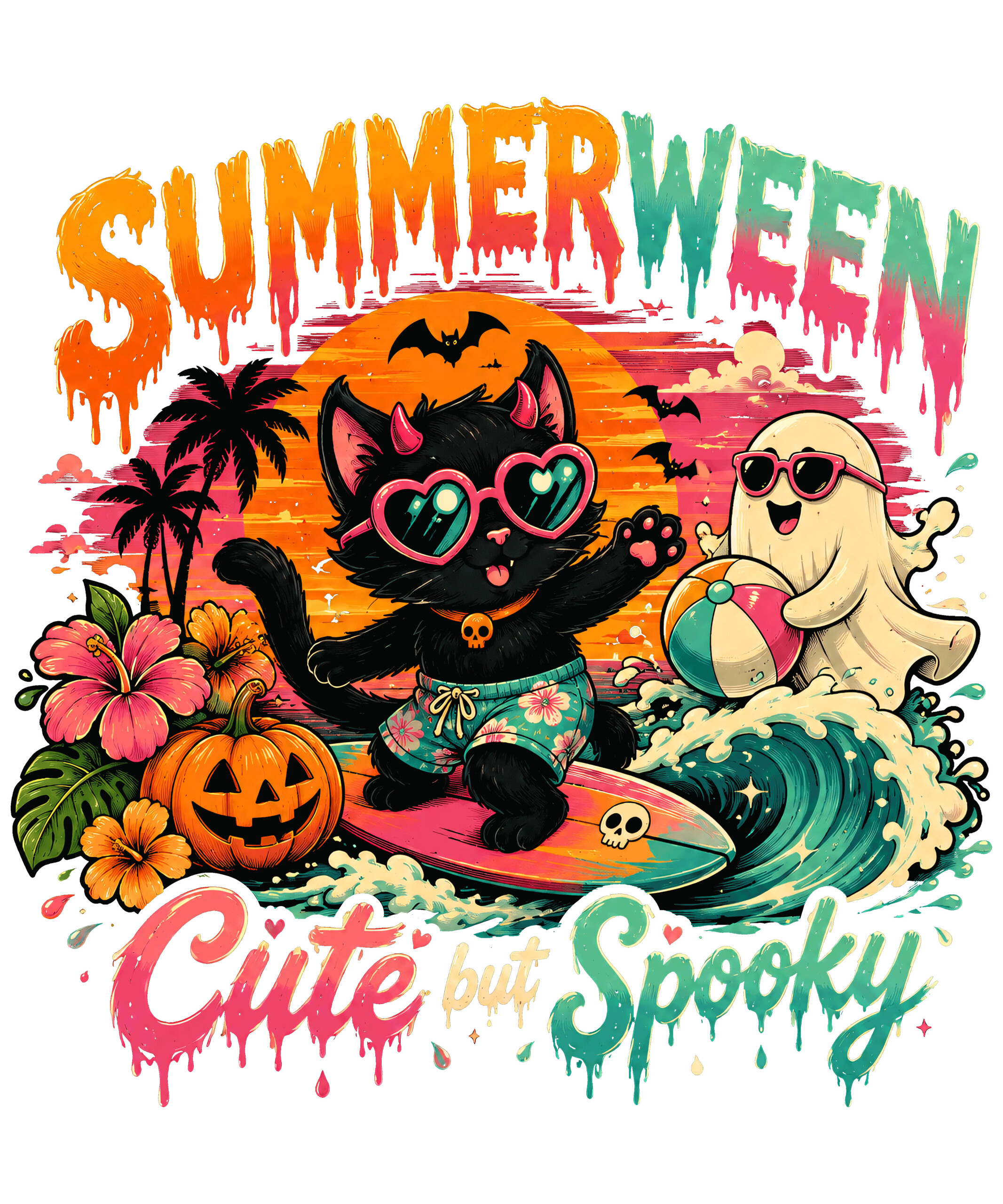 A vibrant, retro-styled design of a summerween surfing cat png featuring a cool black cat, a beach ghost, a tropical pumpkin, and the phrase Cute but Spooky.