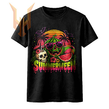 A vivid retro neon design of a summerween watermelon png featuring a carved watermelon jack-o'-lantern with sunglasses and a tropical skull.