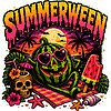 Capture the spooky beach vibe with this vibrant retro graphic featuring the ultimate summerween watermelon png for your apparel.