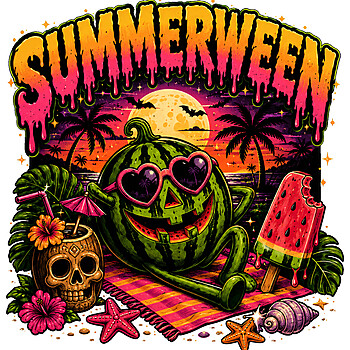 Capture the spooky beach vibe with this vibrant retro graphic featuring the ultimate summerween watermelon png for your apparel.