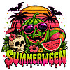 A vivid retro neon design of a summerween watermelon png featuring a carved watermelon jack-o'-lantern with sunglasses and a tropical skull.