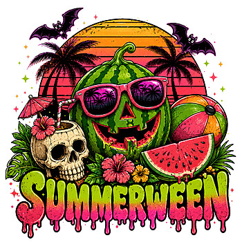 A vivid retro neon design of a summerween watermelon png featuring a carved watermelon jack-o'-lantern with sunglasses and a tropical skull.