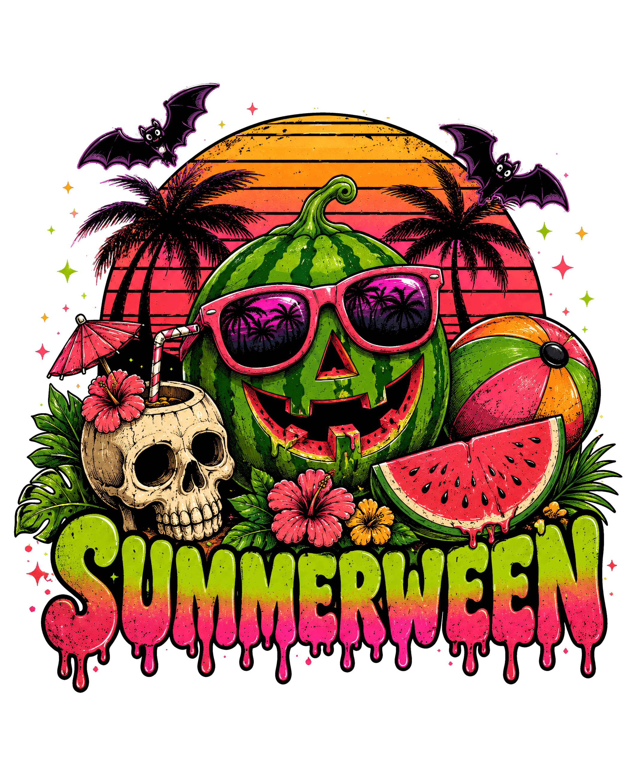 A vivid retro neon design of a summerween watermelon png featuring a carved watermelon jack-o'-lantern with sunglasses and a tropical skull.
