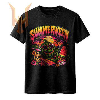 Capture the spooky beach vibe with this vibrant retro graphic featuring the ultimate summerween watermelon png for your apparel.