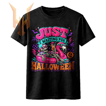 A vibrant retro neon design featuring a skeleton chilling in a flamingo float holding a spooky drink with the text just waiting for halloween png.