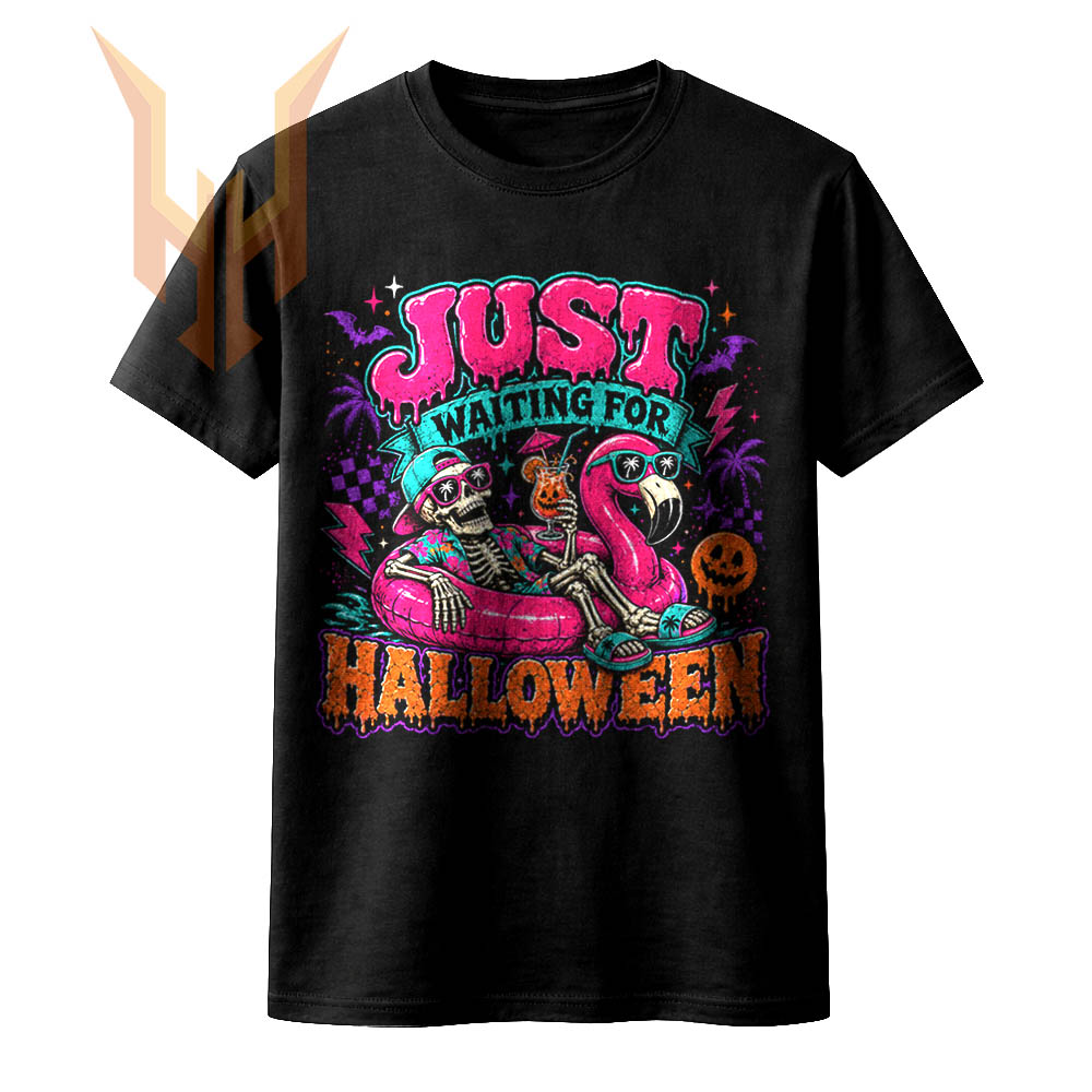 A vibrant retro neon design featuring a skeleton chilling in a flamingo float holding a spooky drink with the text just waiting for halloween png.