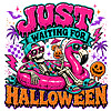 A vibrant retro neon design featuring a skeleton chilling in a flamingo float holding a spooky drink with the text just waiting for halloween png.
