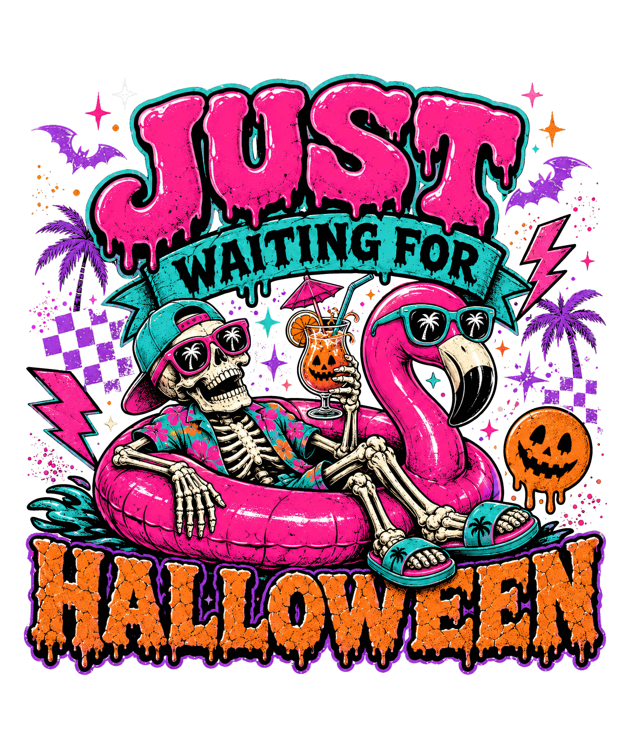 A vibrant retro neon design featuring a skeleton chilling in a flamingo float holding a spooky drink with the text just waiting for halloween png.