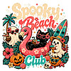 A vibrant, retro-distressed spooky beach club png featuring a cool black cat relaxing in a pink flamingo float, surrounded by cheerful ghosts drinking coconuts, smiling pumpkins, and tropical palm leaves.