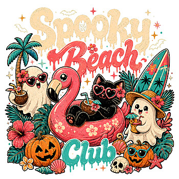 A vibrant, retro-distressed spooky beach club png featuring a cool black cat relaxing in a pink flamingo float, surrounded by cheerful ghosts drinking coconuts, smiling pumpkins, and tropical palm leaves.
