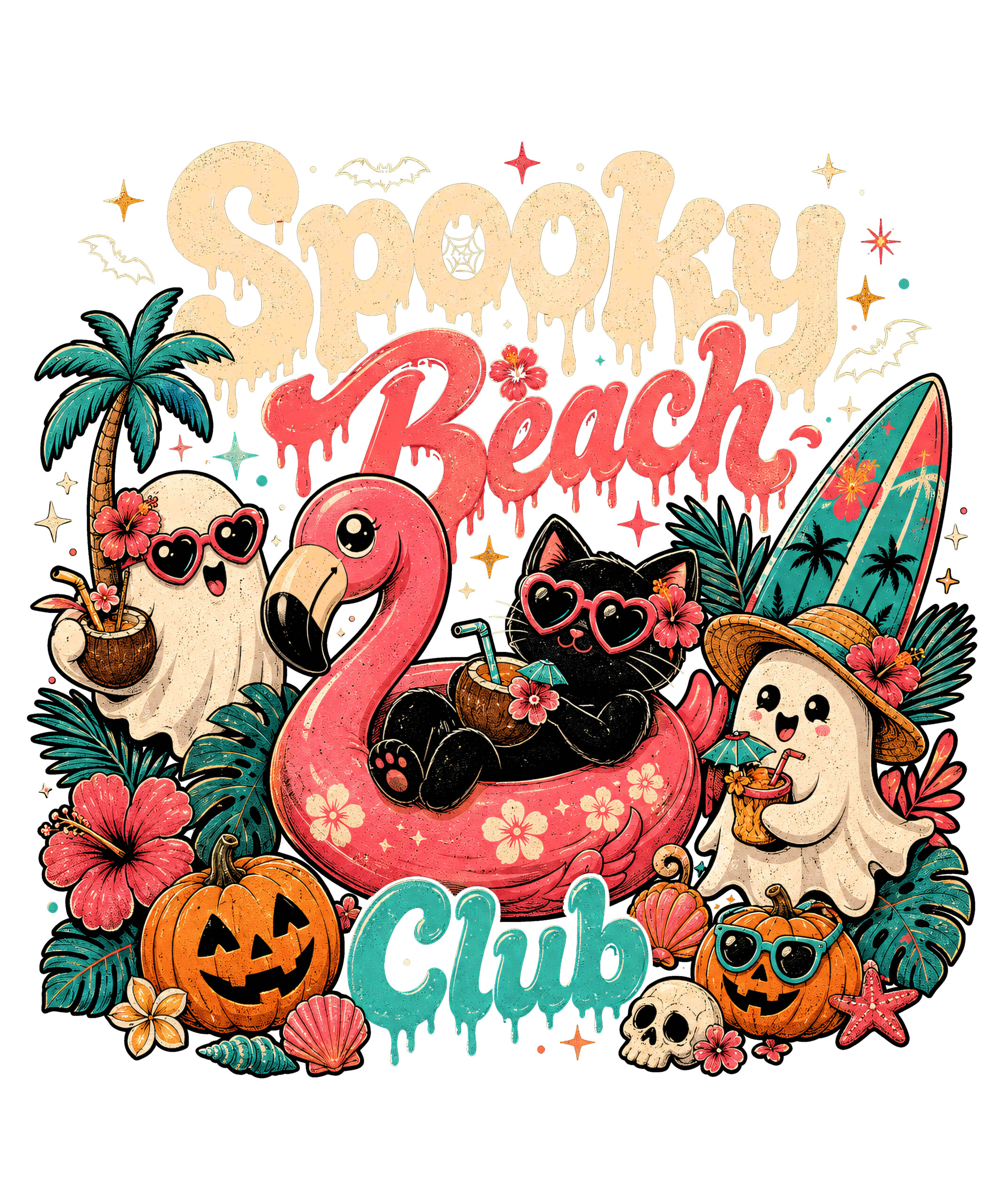 A vibrant, retro-distressed spooky beach club png featuring a cool black cat relaxing in a pink flamingo float, surrounded by cheerful ghosts drinking coconuts, smiling pumpkins, and tropical palm leaves.