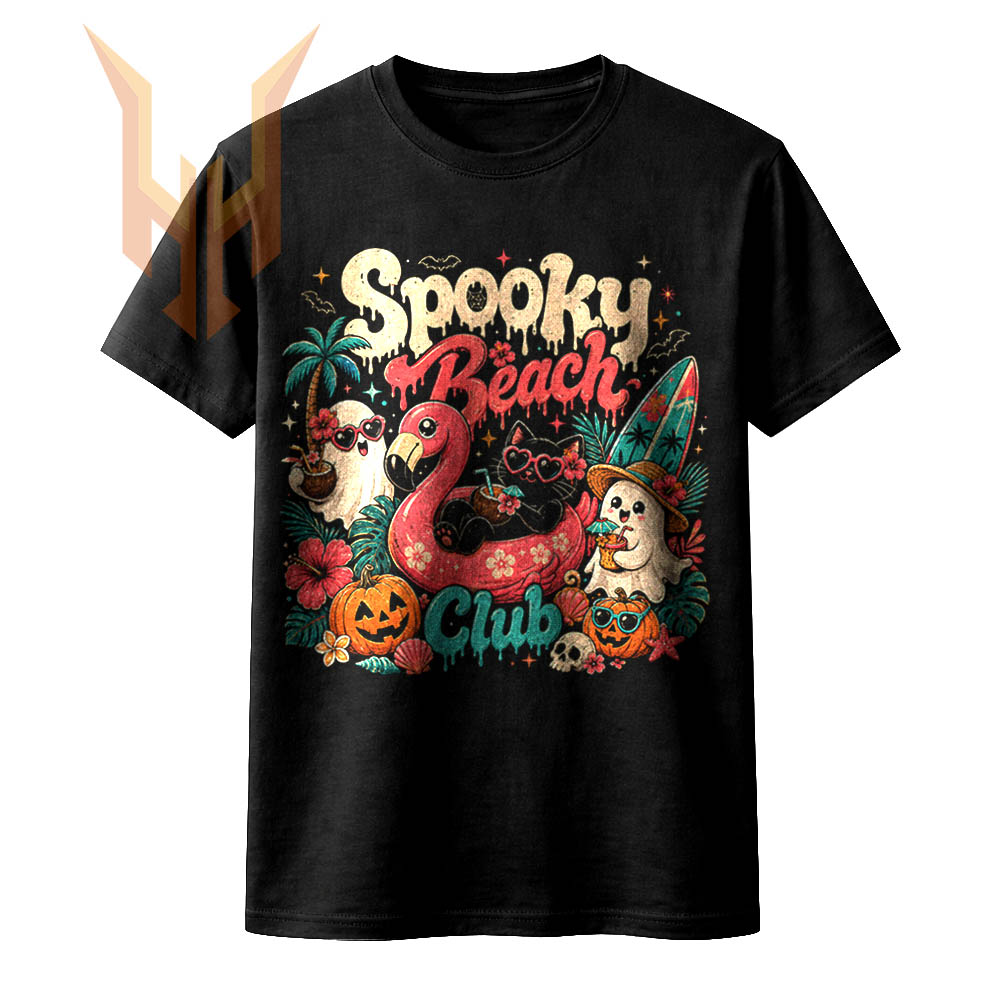A vibrant, retro-distressed spooky beach club png featuring a cool black cat relaxing in a pink flamingo float, surrounded by cheerful ghosts drinking coconuts, smiling pumpkins, and tropical palm leaves.