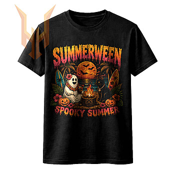 A beautiful vintage tropical beach design featuring a ghost and black cat around a bonfire, perfect for your next summerween spooky summer png project.
