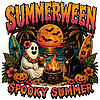A beautiful vintage tropical beach design featuring a ghost and black cat around a bonfire, perfect for your next summerween spooky summer png project.