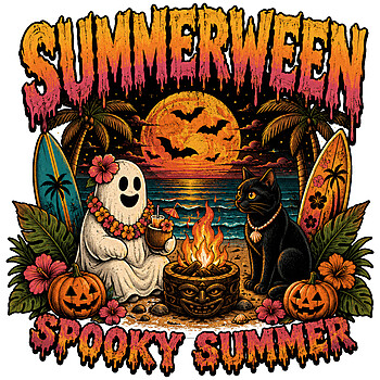 A beautiful vintage tropical beach design featuring a ghost and black cat around a bonfire, perfect for your next summerween spooky summer png project.