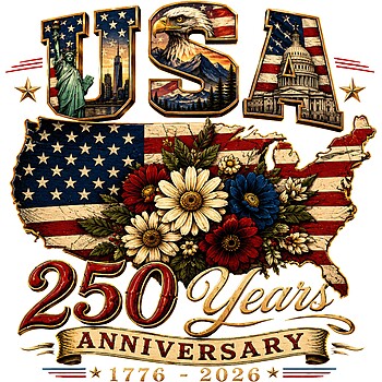 A vintage distressed map of America with floral elements and iconic landmarks inside the letters, featuring the usa 250 years anniversary png design.