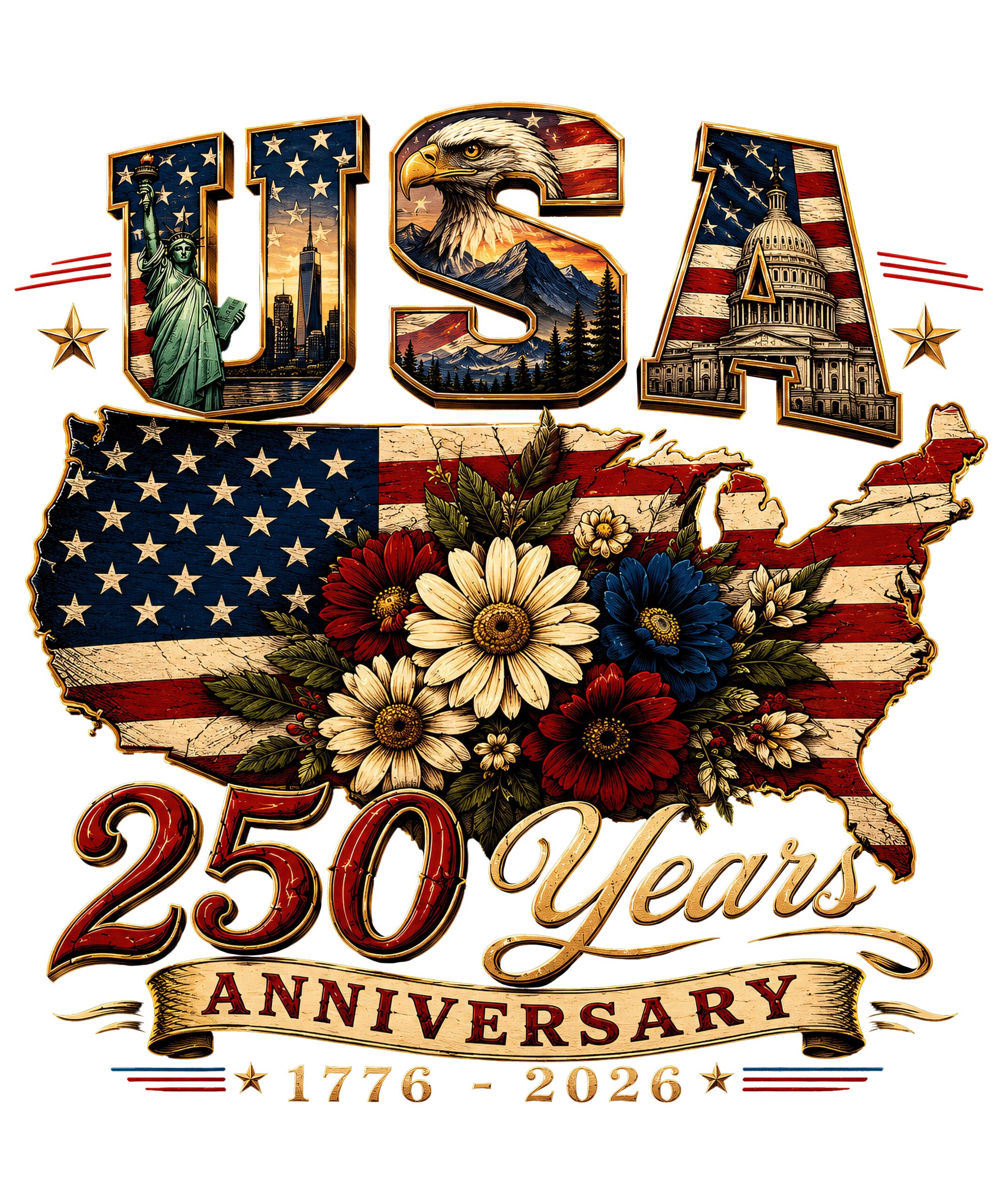A vintage distressed map of America with floral elements and iconic landmarks inside the letters, featuring the usa 250 years anniversary png design.