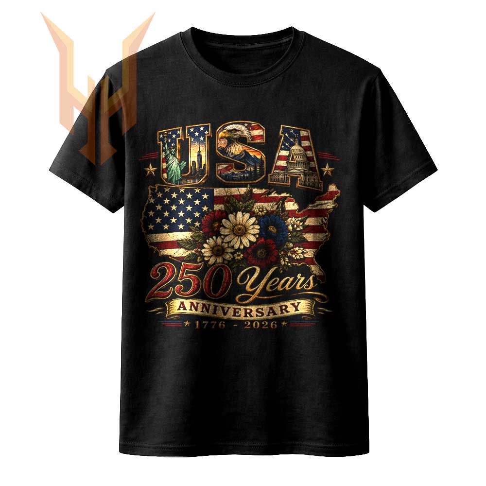 A vintage distressed map of America with floral elements and iconic landmarks inside the letters, featuring the usa 250 years anniversary png design.