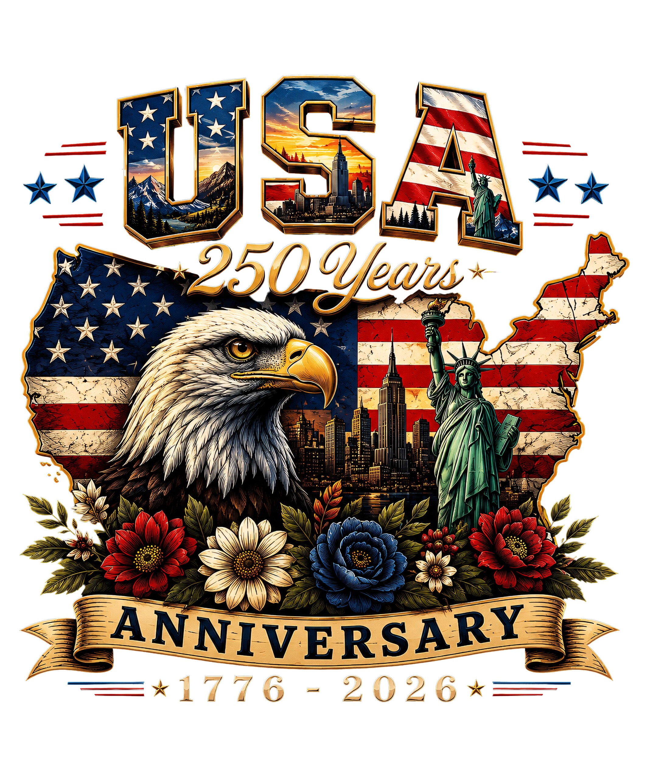 A vintage distressed collage featuring a bald eagle, the Statue of Liberty, and a floral map, highlighting the usa 250th anniversary png design.