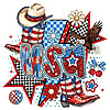 A trendy maximalist design featuring patriotic footwear and a soaring eagle, representing the ultimate usa western cowgirl boots png.