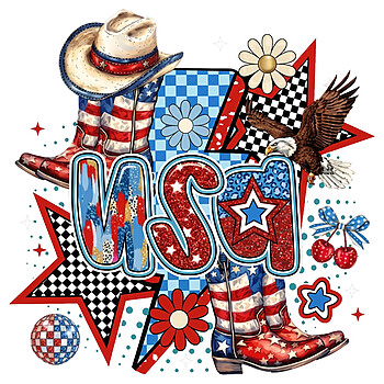 A trendy maximalist design featuring patriotic footwear and a soaring eagle, representing the ultimate usa western cowgirl boots png.