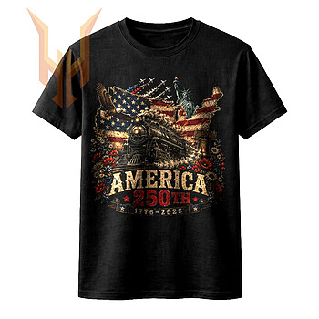 A majestic steam locomotive, soaring eagle, and Statue of Liberty celebrating the nation's heritage, beautifully captured in the vintage america 250th train png design.