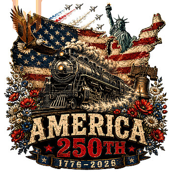 A majestic steam locomotive, soaring eagle, and Statue of Liberty celebrating the nation's heritage, beautifully captured in the vintage america 250th train png design.