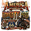 A highly detailed, distressed illustration featuring a red classic convertible, a bald eagle, and the US flag, perfect for those seeking a vintage route 66 america png for their next project.