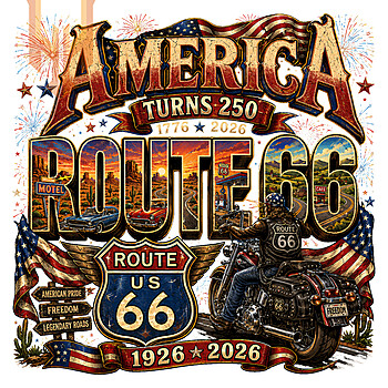 A highly detailed, distressed illustration featuring a red classic convertible, a bald eagle, and the US flag, perfect for those seeking a vintage route 66 america png for their next project.