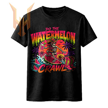 A vibrant neon design of a watermelon crawl skeleton png featuring a cowboy skeleton surfing a giant watermelon slice with a tropical drink.