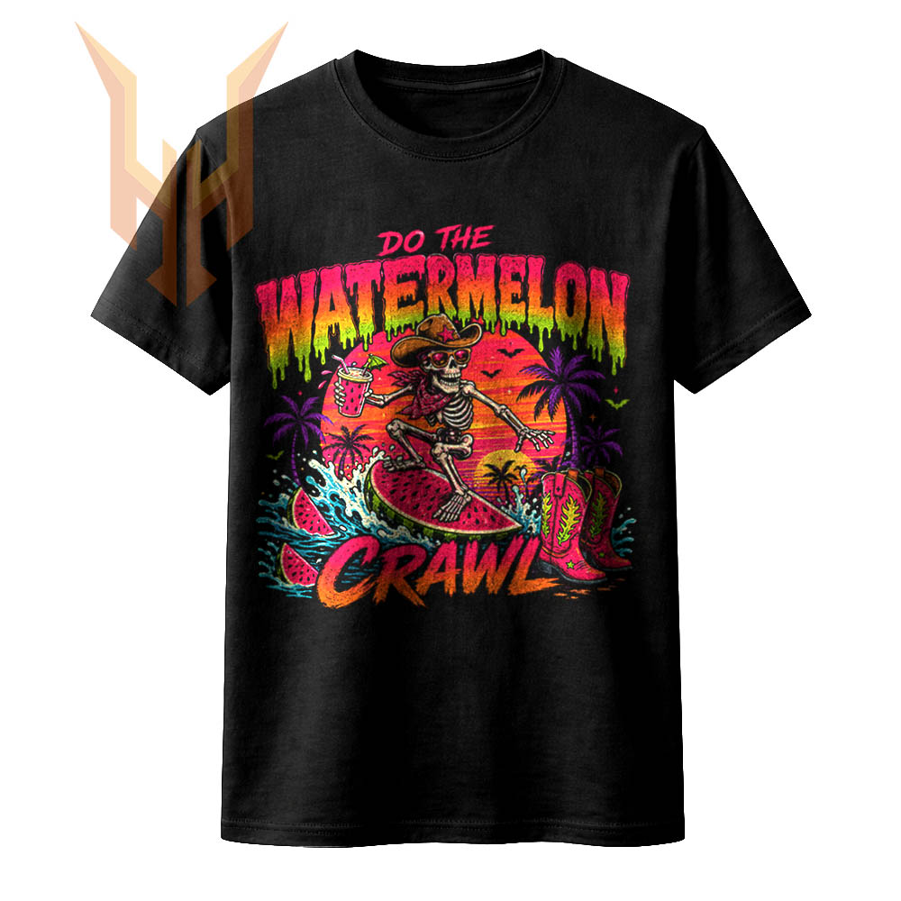 A vibrant neon design of a watermelon crawl skeleton png featuring a cowboy skeleton surfing a giant watermelon slice with a tropical drink.