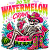 A vibrant retro design of a watermelon crawl skeleton png featuring a chilling skeleton in a watermelon floatie, wearing a pink cowboy hat and holding a drink.