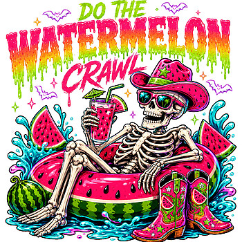 A vibrant retro design of a watermelon crawl skeleton png featuring a chilling skeleton in a watermelon floatie, wearing a pink cowboy hat and holding a drink.