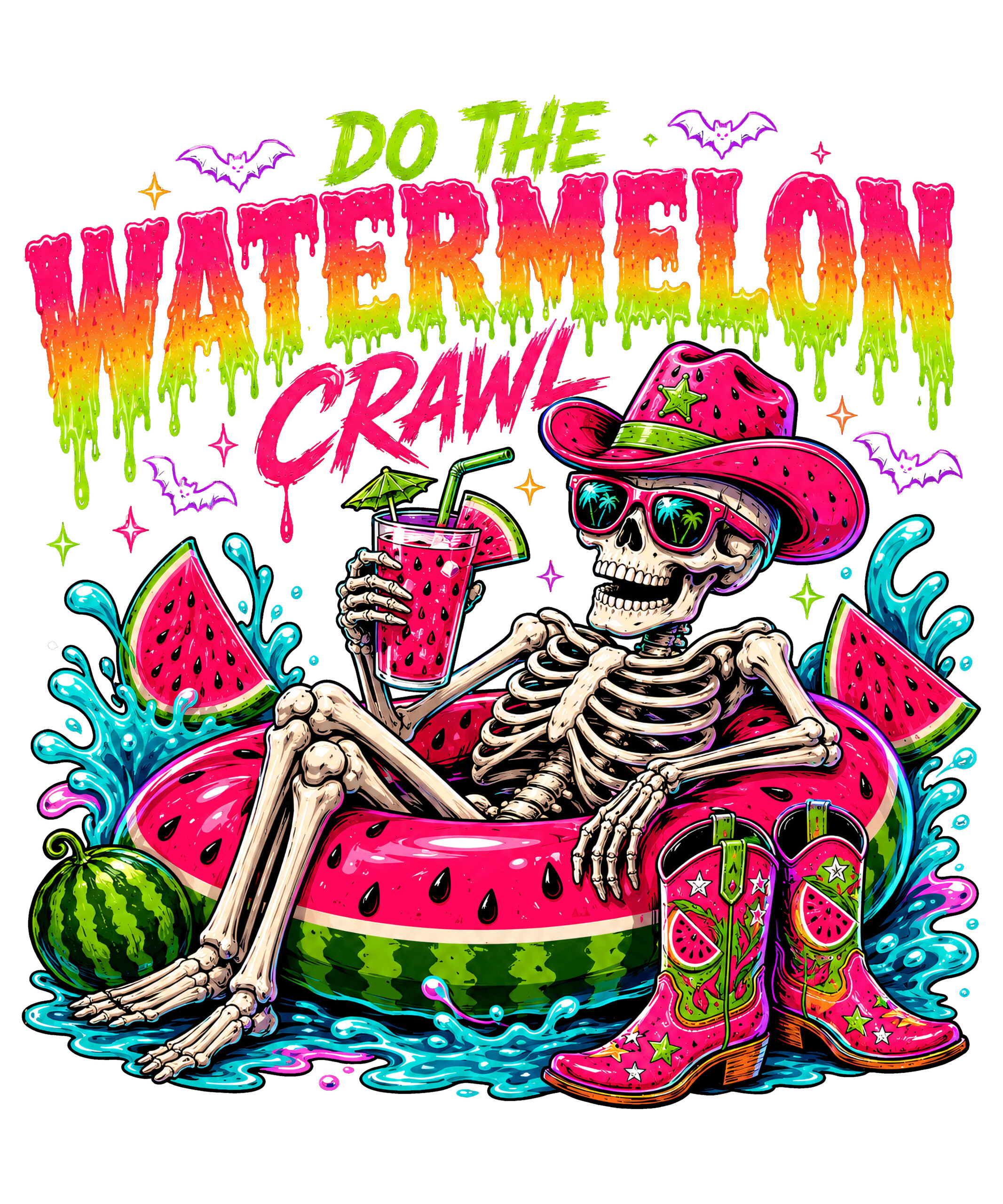 A vibrant retro design of a watermelon crawl skeleton png featuring a chilling skeleton in a watermelon floatie, wearing a pink cowboy hat and holding a drink.