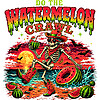 A vibrant vintage design of a dancing cowboy skeleton on a beach at sunset, beautifully showcasing the watermelon crawl skeleton png style with neon colors.