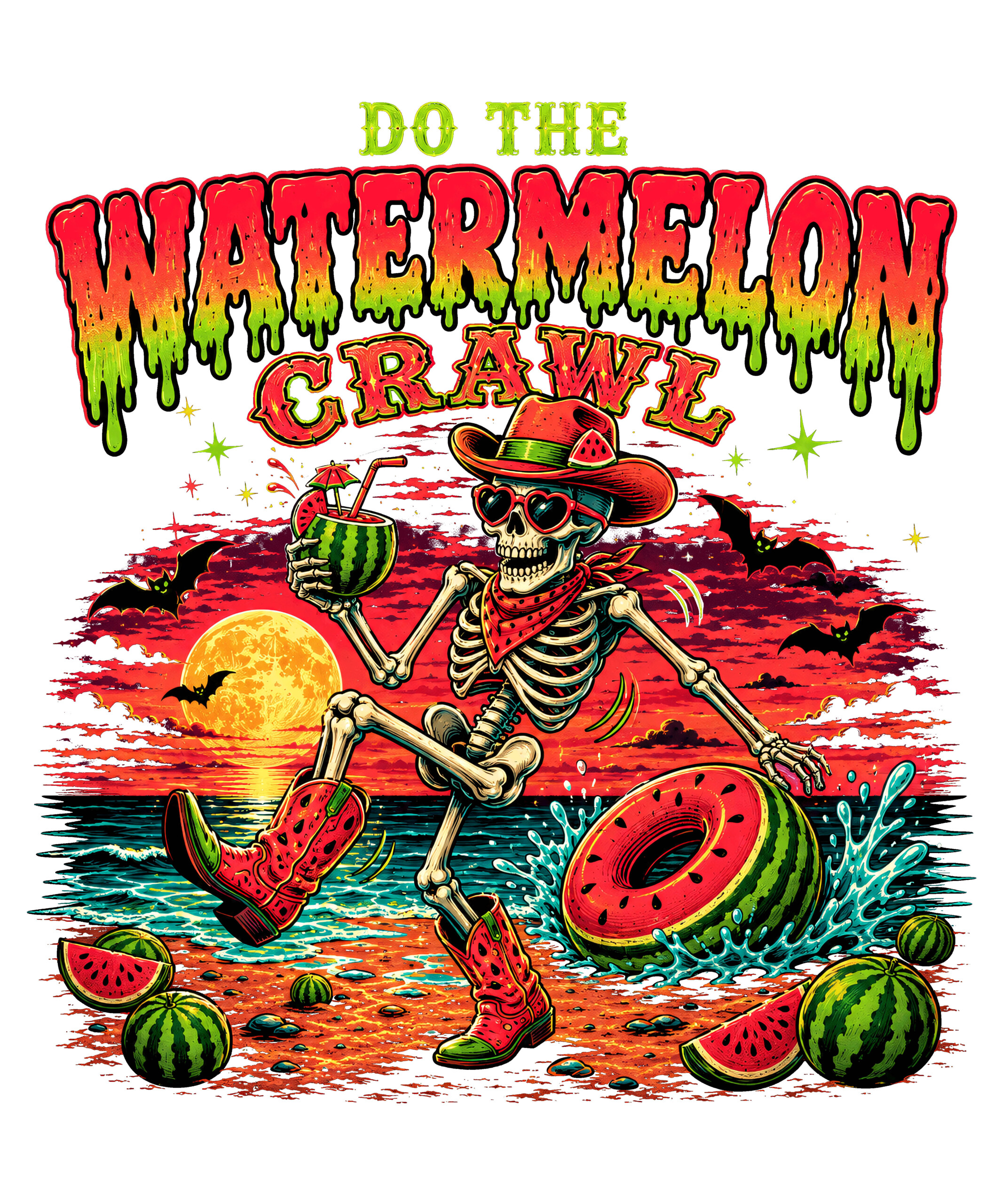 A vibrant vintage design of a dancing cowboy skeleton on a beach at sunset, beautifully showcasing the watermelon crawl skeleton png style with neon colors.