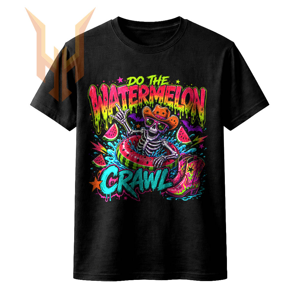 A vibrant neon design of a watermelon crawl skeleton png featuring a cowboy skeleton throwing a rock sign in a pool floatie.