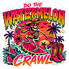 A vibrant neon design of a watermelon crawl skeleton png featuring a cowboy skeleton surfing a giant watermelon slice with a tropical drink.