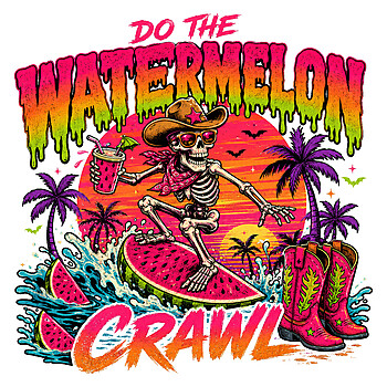 A vibrant neon design of a watermelon crawl skeleton png featuring a cowboy skeleton surfing a giant watermelon slice with a tropical drink.