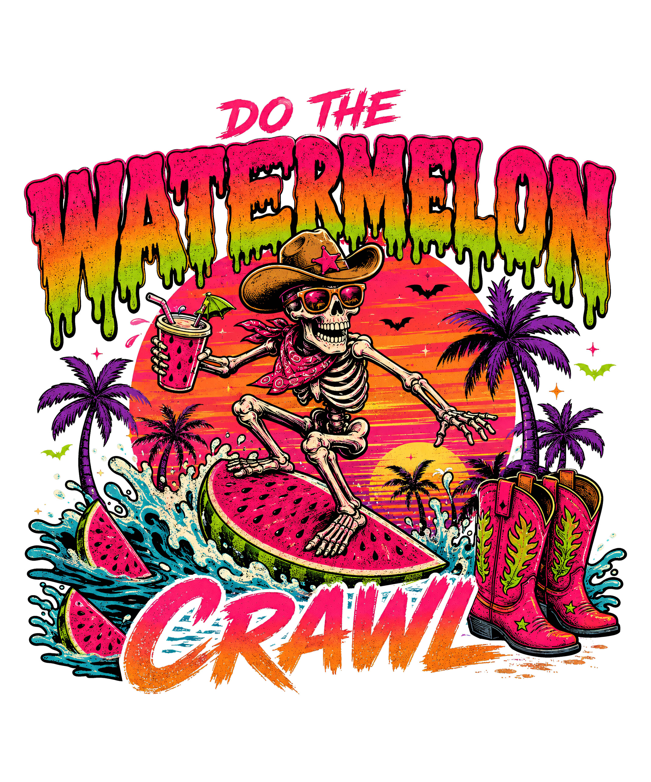 A vibrant neon design of a watermelon crawl skeleton png featuring a cowboy skeleton surfing a giant watermelon slice with a tropical drink.