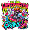 A vibrant neon design of a watermelon crawl skeleton png featuring a cowboy skeleton throwing a rock sign in a pool floatie.