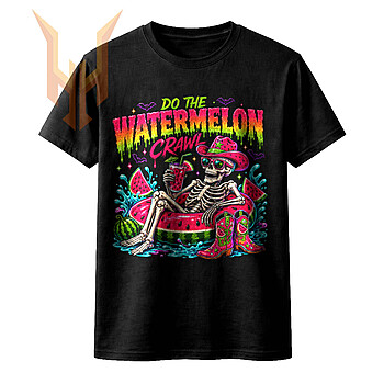 A vibrant retro design of a watermelon crawl skeleton png featuring a chilling skeleton in a watermelon floatie, wearing a pink cowboy hat and holding a drink.