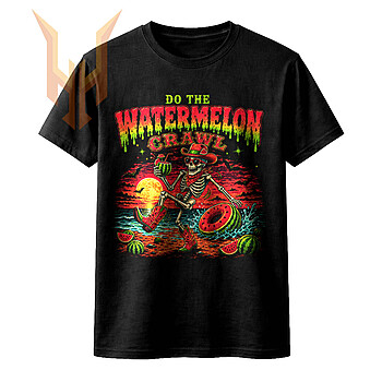 A vibrant vintage design of a dancing cowboy skeleton on a beach at sunset, beautifully showcasing the watermelon crawl skeleton png style with neon colors.