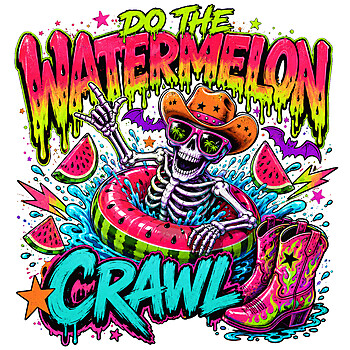 A vibrant neon design of a watermelon crawl skeleton png featuring a cowboy skeleton throwing a rock sign in a pool floatie.