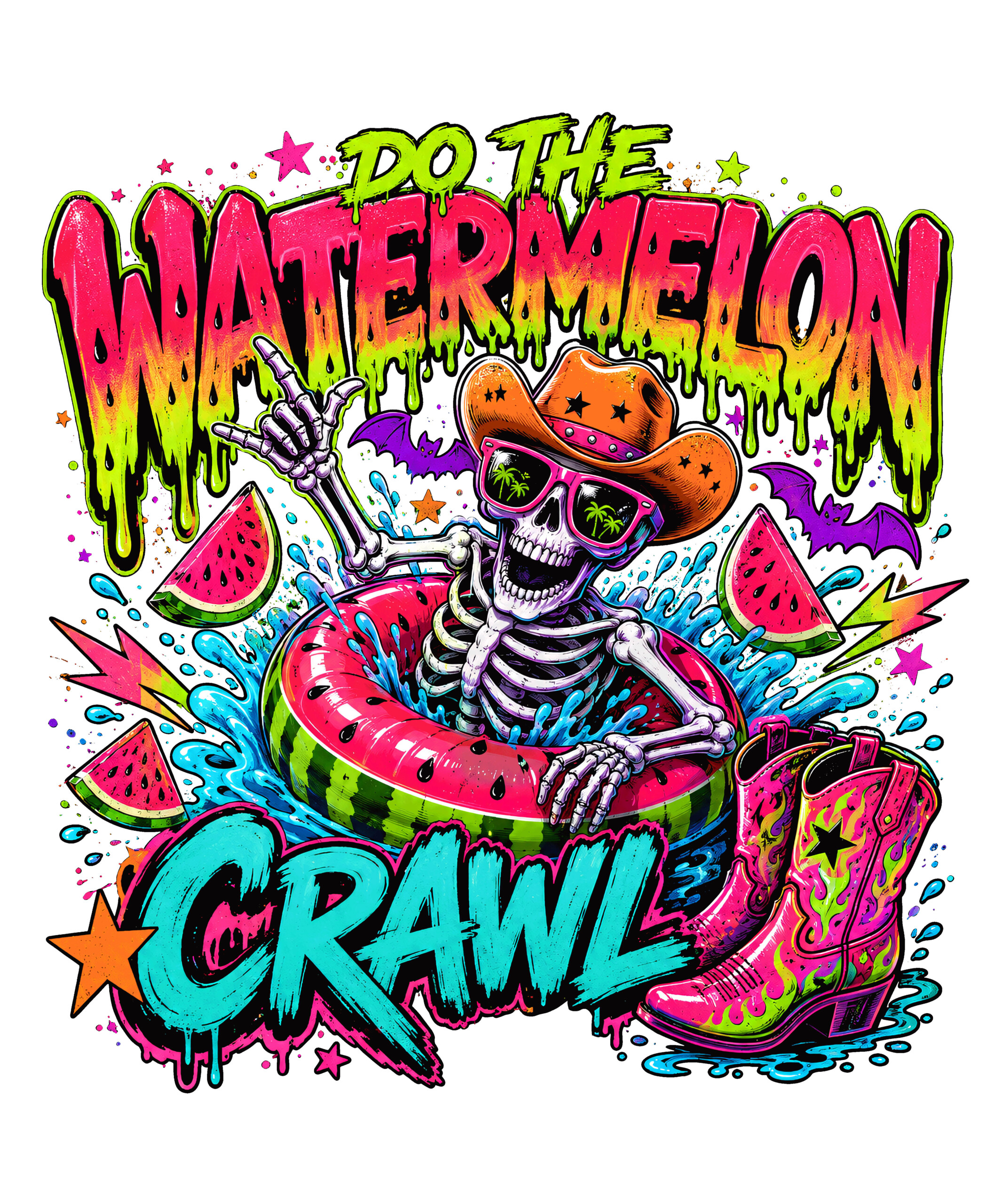 A vibrant neon design of a watermelon crawl skeleton png featuring a cowboy skeleton throwing a rock sign in a pool floatie.